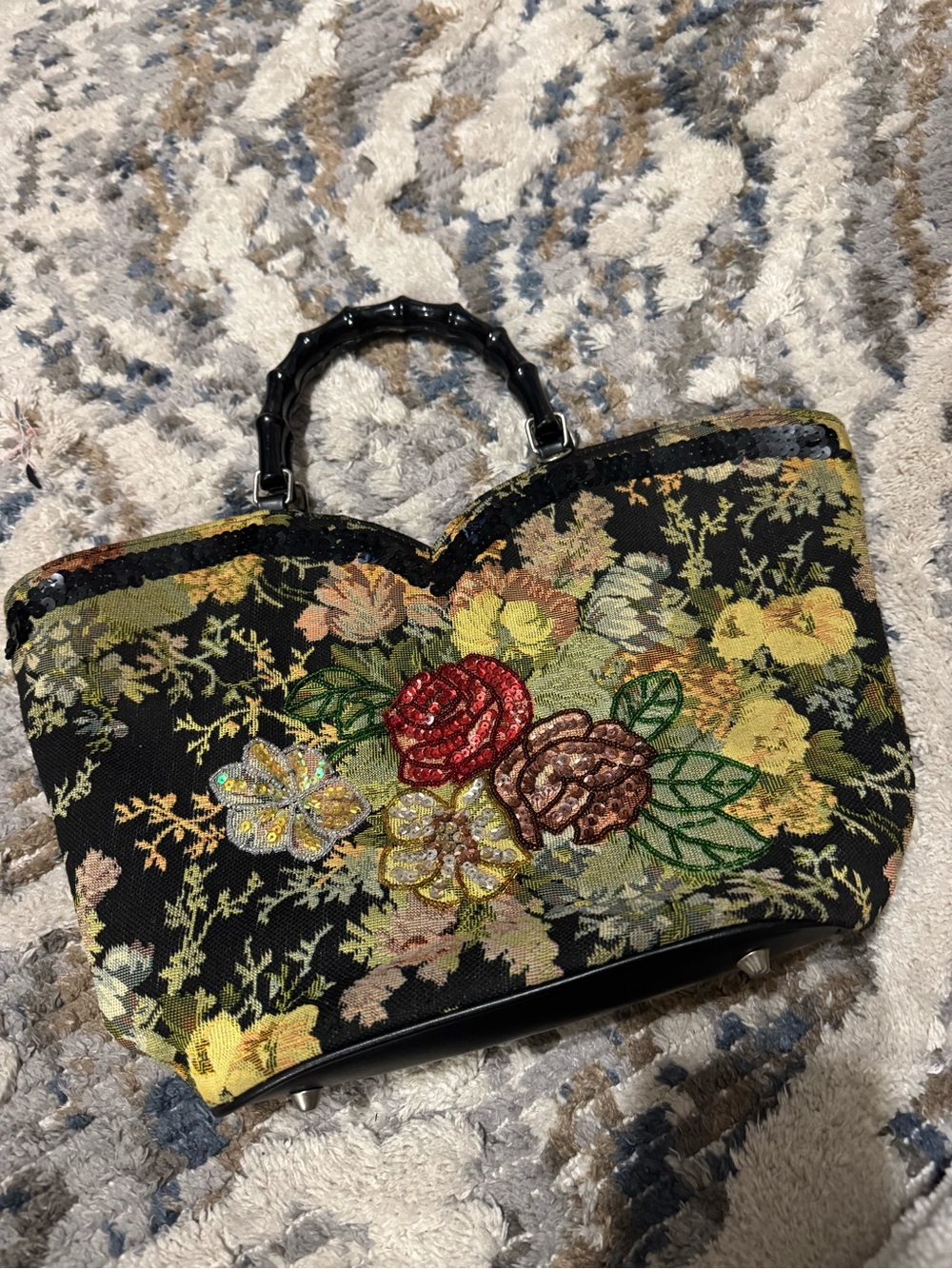 Floral Embroidered Black Tapestry Handbag with Bamboo Handle